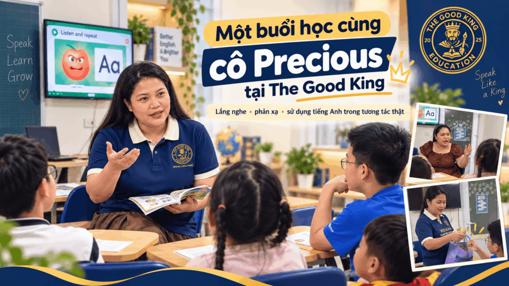 Cô Precious giảng dạy và tương tác bằng tiếng Anh với học sinh tại The Good King